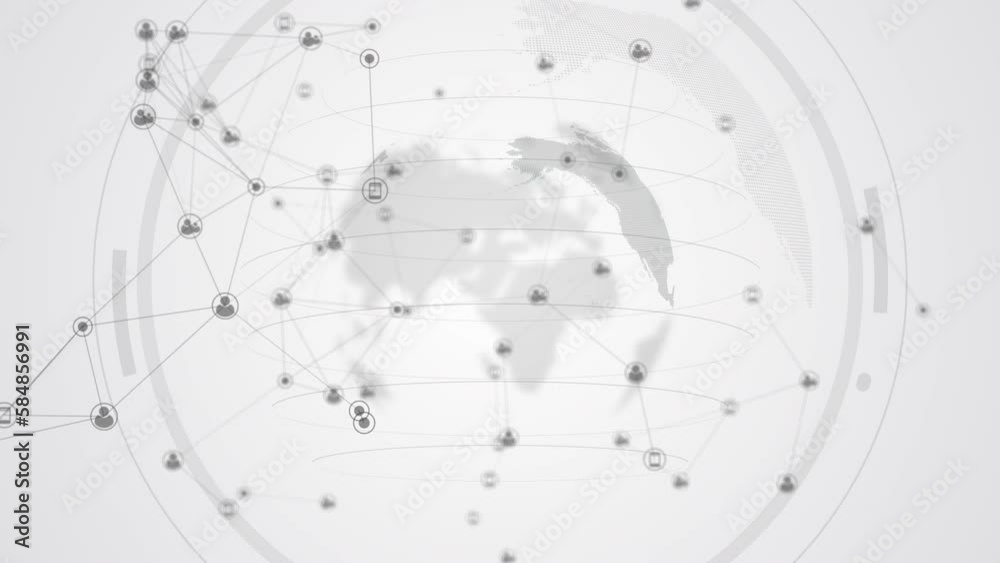 Rotating globe of the world with icons of internet users and gadgets. Technology of connecting people. Black and white looped animation. Rotating globe of the world with icons of internet users and gadgets. Technology of connecting people. Black and white looped animation.