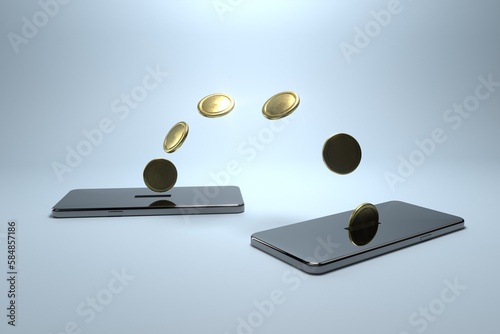 Abstract digital money transfer from 3d mobile phone to other.