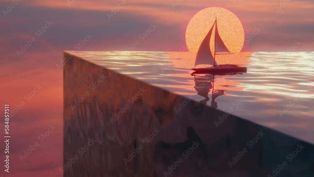 Surreal seamless concept of yacht at the edge if the world at sunset. Huge yellow sun and reflections on the waves.