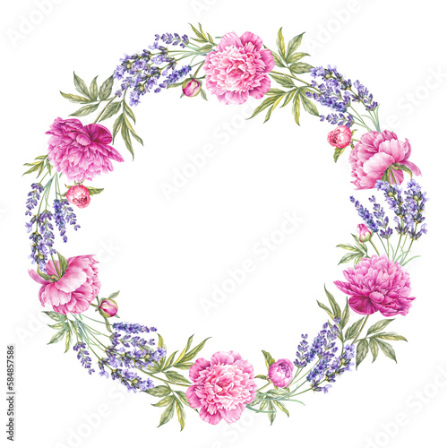 Round frame watercolor peony. Greeting elegant card.
