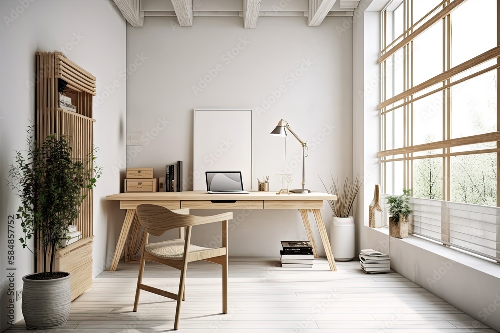Fototapeta premium minimalist interior. workstation. home interior design. website, wallpaper, and mockup template. Generative AI