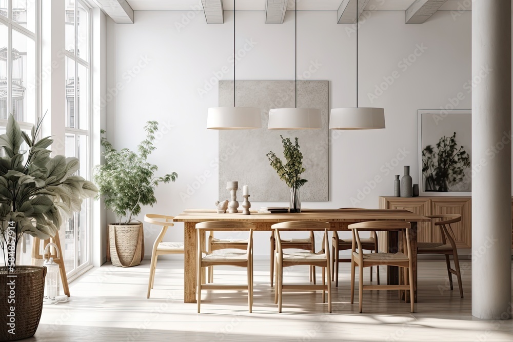 Modern dining room mockup with white wall. Generative AI Modern dining room mockup with white wall. Generative AI