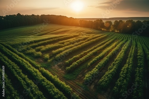 Green vineyards at sunset. Generative AI