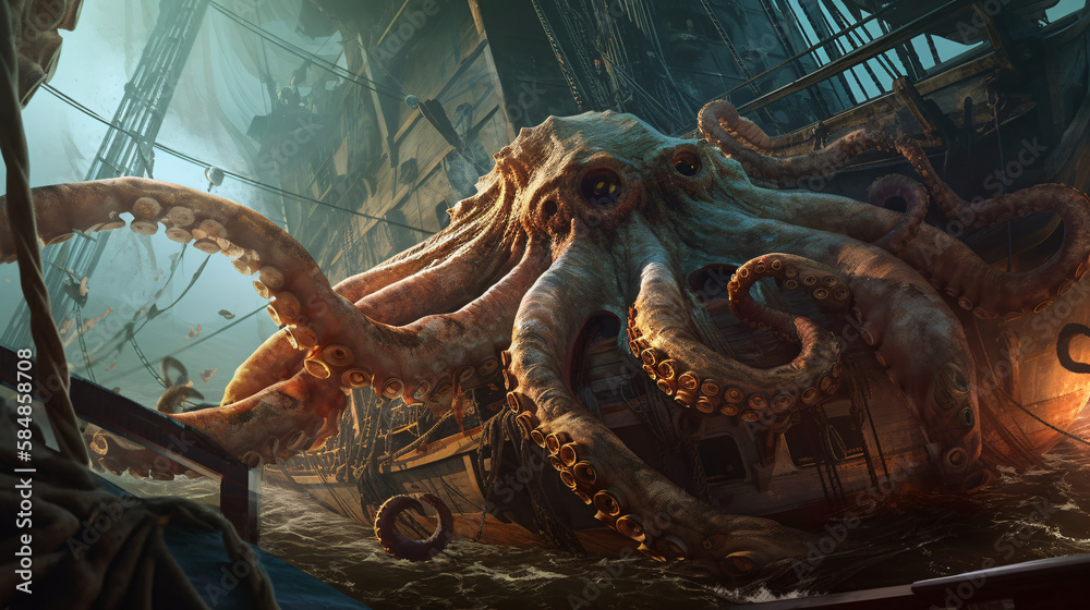 Obraz premium kraken coral reef in deep sea creatures generative ai