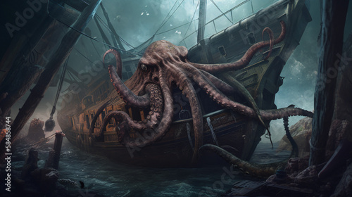kraken coral reef in deep sea creatures generative ai