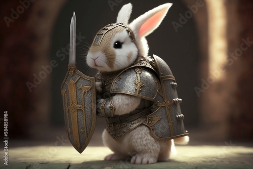 Cute bunny in a knight armor, ready to protects the queen - Generative AI