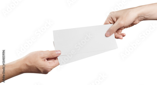 Hands sharing two blank sheets of paper (tickets, flyers, invitations, coupons, money, etc.), cut out