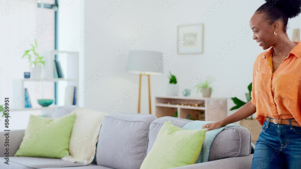 Cleaning, pillow and relax with black woman on sofa for housework, chores and domestic service. Hygiene, decoration and cleaner with girl and furniture in living room at home for sanitary and lounge Cleaning, pillow and relax with black woman on sofa for housework, chores and domestic service. Hygiene, decoration and cleaner with girl and furniture in living room at home for sanitary and lounge
