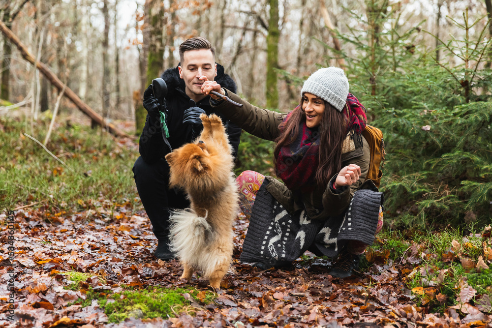 Couple playing with small dog in the forest Couple playing with small dog in the forest