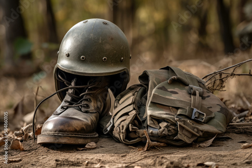 The Cost of War Solemn Image of a Soldier's Helmet and Boots Resting on the Battlefield, generative ai