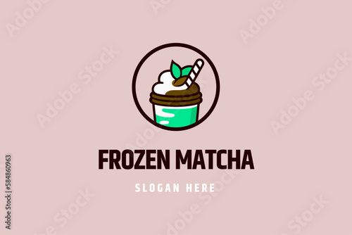 frozen matcha logo, delicious smoothie, fruit yogurt, tasty drink, coffee shop brand, restaurant logotype concept