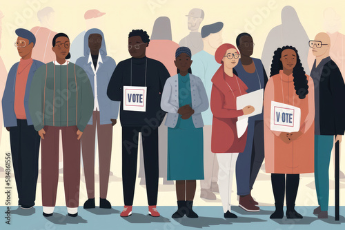 Celebrating Democracy Line of Diverse Voters Waiting Patiently to Cast Their Ballots in an Election, generative ai