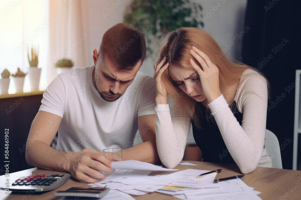 Couple experiencing financial stress, sitting at a desk with a calculator and papers strewn all around them, generative ai Couple experiencing financial stress, sitting at a desk with a calculator and papers strewn all around them, generative ai