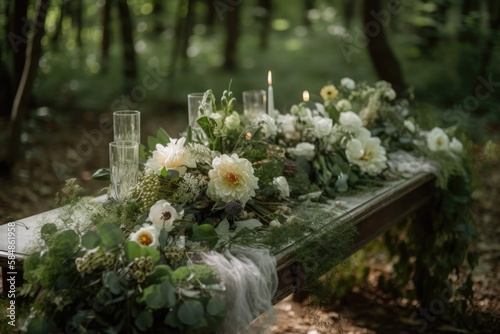 Boho wedding decor, flower decorated bride and groom's table. Generative AI