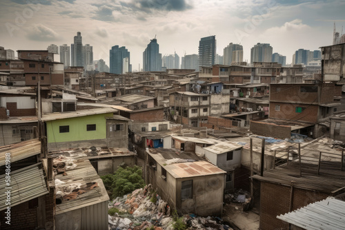Contrasting cityscape of opulent and impoverished neighborhoods with towering skyscrapers in the background and rundown buildings in the foreground, generative ai