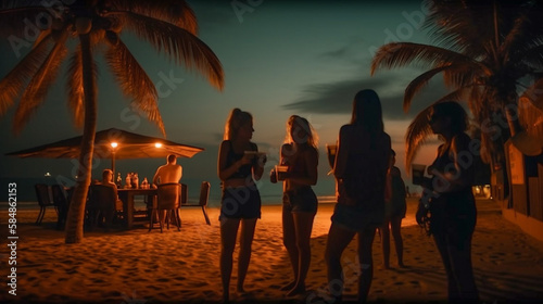 Young Adult Friends With Tropical Drinks Enjoy the Sunset on Their Vacation - Generatvie AI. © Andy Dean