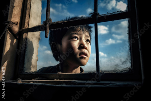 From Darkness to Light Young Child Laborer Gazing at the Bright Blue Sky Through a Dirty Window, generative ai