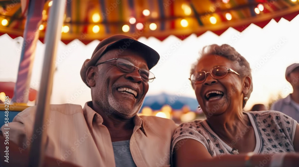 Fototapeta premium Happy Senior African American Couple Enjoying An Afternoon at the Carnival - Generatvie AI.
