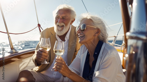 Senior Caucasian Couple Enjoying Drinks on the Deck of Their Yacht in the Ocean - Generatvie AI.