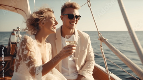 Young Adult Caucasian Couple Enjoying Drinks on the Deck of Their Yacht in the Ocean - Generatvie AI.