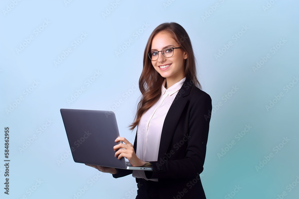 Foto de uma jovem empresária satisfeita e positiva usando óculos uniformes de escritório mantém espaço para laptop isolado em fundo de cor azul Foto de uma jovem empresária satisfeita e positiva usando óculos uniformes de escritório mantém espaço para laptop isolado em fundo de cor azul