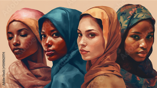 Close up of four beautiful women from different ethnicity with hoods
