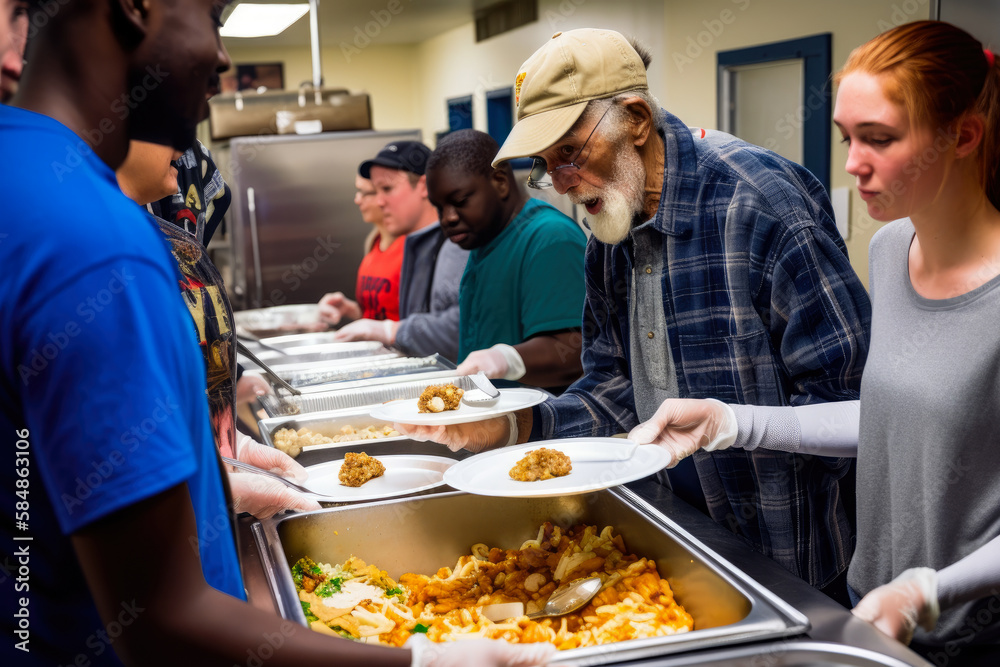 Kind-hearted volunteer serving hot meals to homeless individuals at a ...