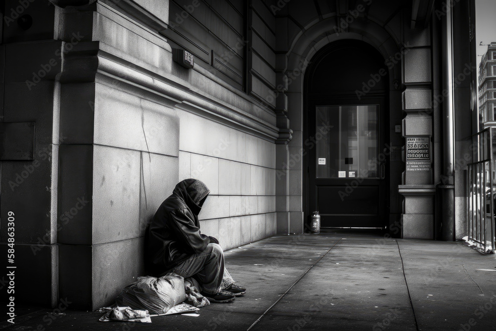 Left Behind Homeless Person Watching People Pass by on the Sidewalk, generative ai