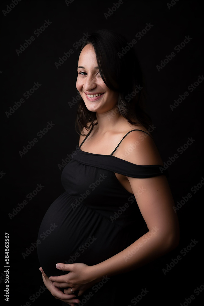 Mulher grávida sorrindo segurando a foto da barriga no estúdio Mulher grávida sorrindo segurando a foto da barriga no estúdio