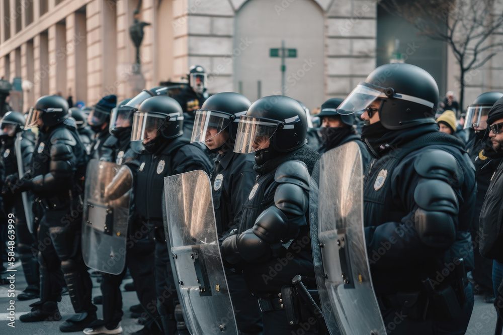 Riot police confront a crowd of people protesting against police brutality and racial injustice, generative ai