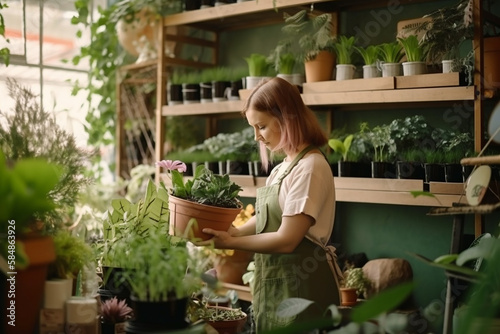 Jardineiro qualificado cuidando de vasos de plantas e ervas na loja