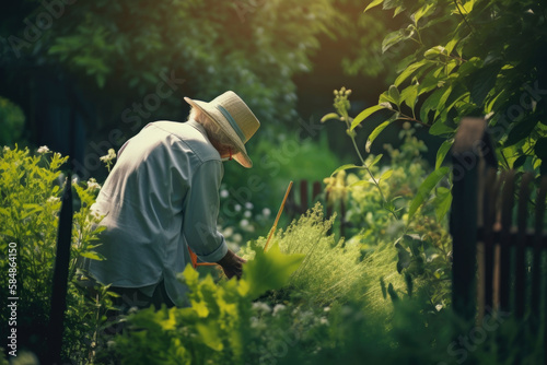 Solitude in the Garden Elderly Person Tending to Plants in a Peaceful Backyard, generative ai photo