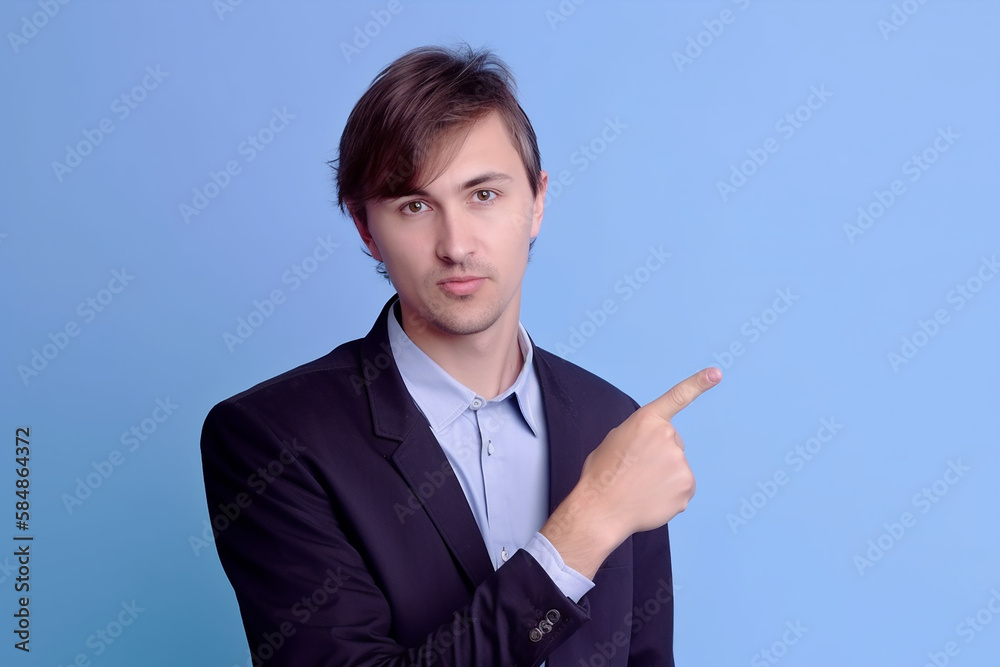 Jovem bonito e charmoso mostrando algo com o dedo indicador, lugar para texto, anúncio, copie o espaço. isolado no fundo azul. direção. linguagem corporal. venda, loja