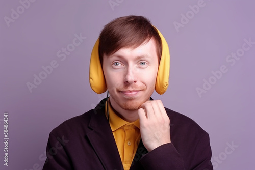 Jovem curioso intrometido sorridente homem caucasiano ruivo vestindo roupas casuais com capuz marrom tenta ouvir você ouvir ouvindo atentamente isolado no retrato de estúdio de fundo amarelo liso. Con photo