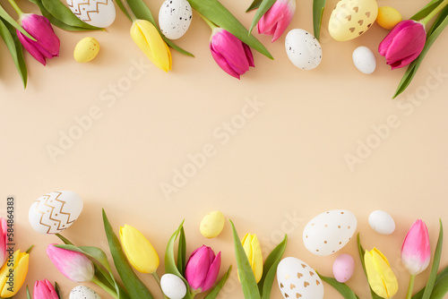 Easter mood concept. Flat lay photo of white yellow easter eggs tulips flowers on pastel beige background with copy space in the middle