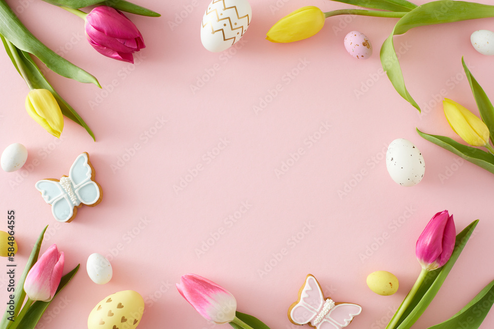 Easter decor idea. Top view composition of white yellow easter eggs tulips flowers and butterfly cookies on pastel pink background with blank space in the middle
