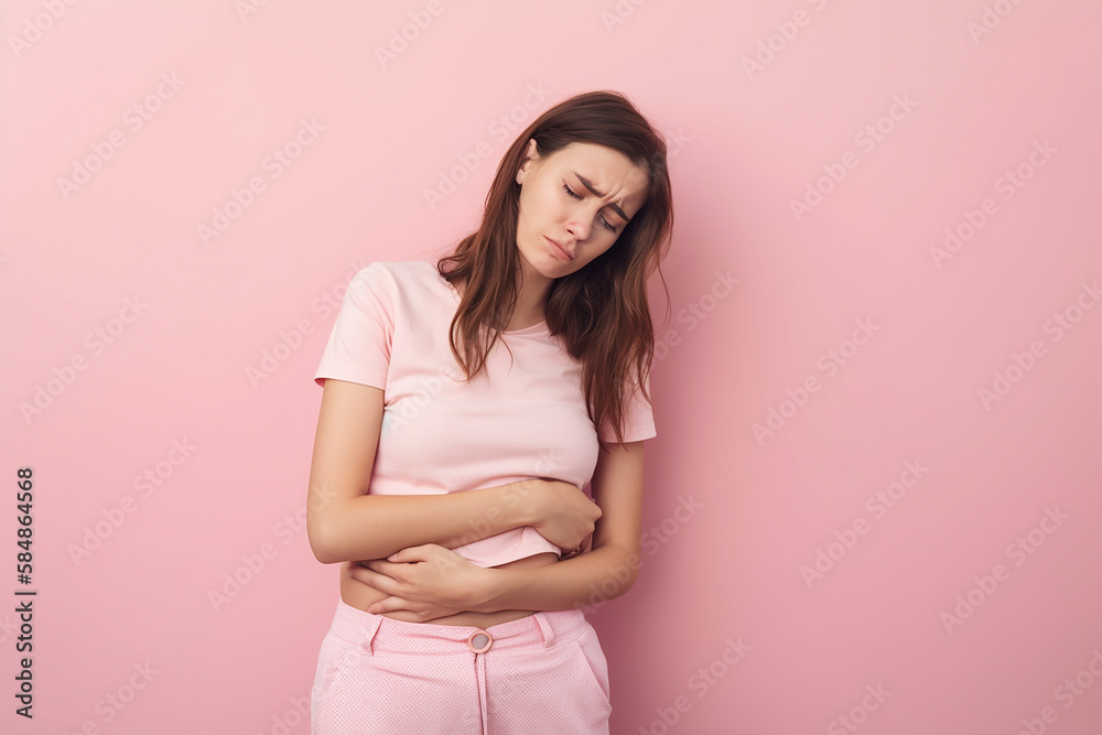 Mulher jovem com apendicite no fundo rosa Mulher jovem com apendicite no fundo rosa