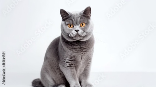 Purebred British gray cat sitting on a white background. Generative AI.