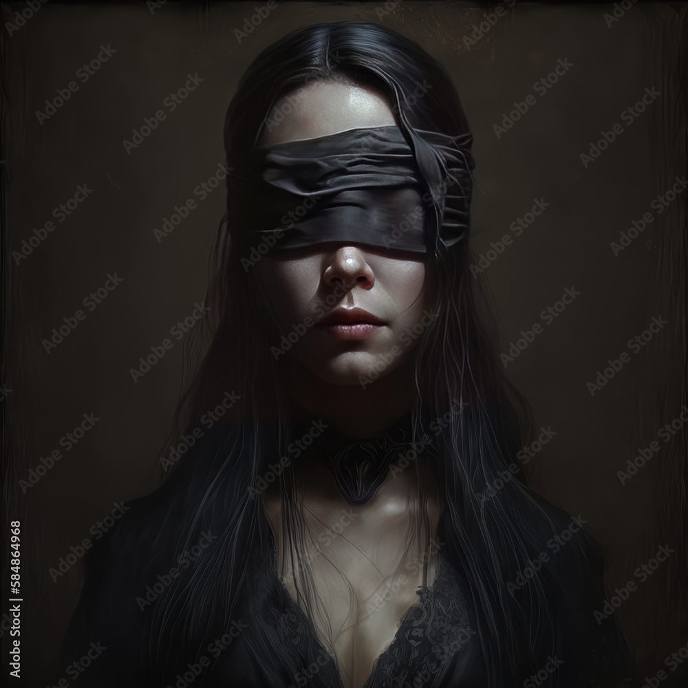 Portrait of a mysterious woman with long black hair, black dress and a blindfold. Generative Ai Portrait of a mysterious woman with long black hair, black dress and a blindfold. Generative Ai