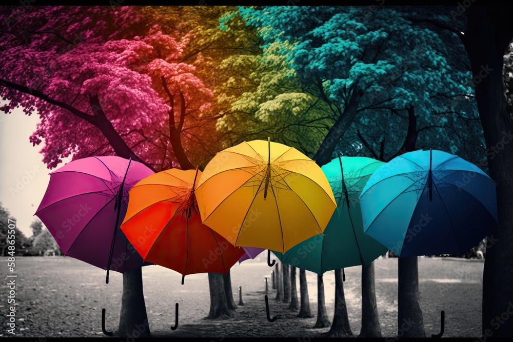 Row of brightly colored umbrellas hanging from a tree branch in a park, concept of Outdoor decor and Colorful accents, created with Generative AI technology