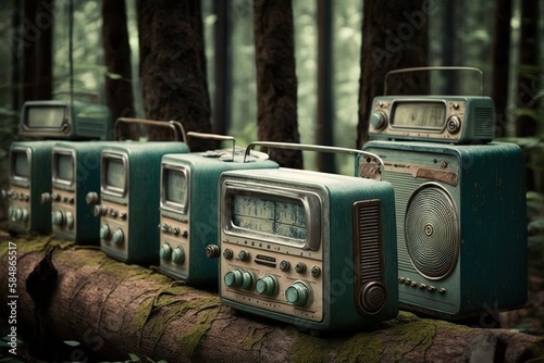 Row of vintage radios sitting on a log in a, concept of Antique and Nostalgic, created with Generative AI technology