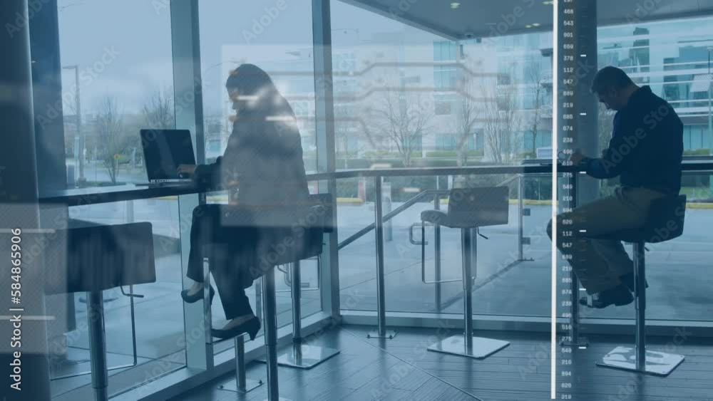 Animation of graphs, map, circuit board pattern, biracial woman working on laptop at office cafes Animation of graphs, map, circuit board pattern, biracial woman working on laptop at office cafes