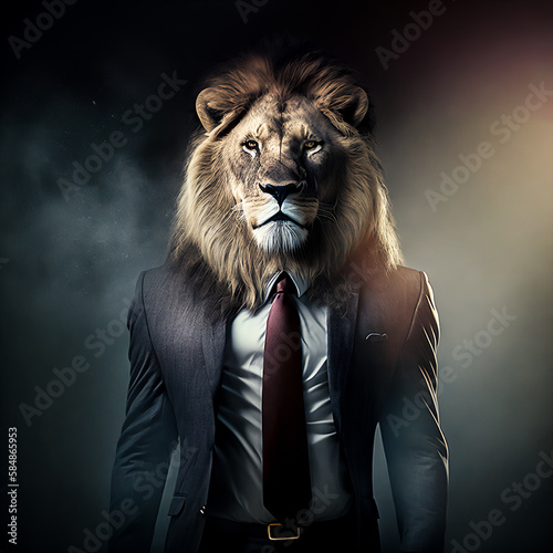 lion faced person wearing a suit showing power