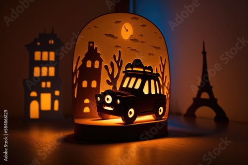 A Paper Cut Of A Car In A Night Scene With The Eiffel Tower In The Background Lunar Landscape Paper Cutting Lighting Design Generative AI 
