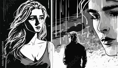 Black and white woman who misses her boyfriend. Crying. Boyfriend looks back while walking out.
