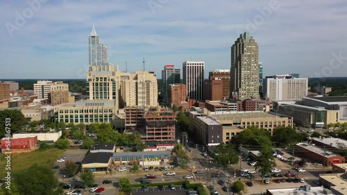 2022 - excellent aerial of Raleigh North Carolina downtown skyline with skyscrapers and traffic.