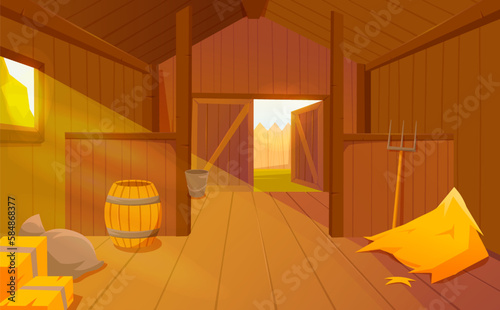 Barn interior concept. Hay and villas with barrel in barn, farming and agriculture. Rural scene and village. Ranch or farmhouse with wooden walls. Cartoon flat vector illustration