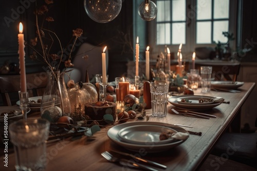 Family dinner  anniversary party  or restaurant date. Christmas table with natural decorations  dinnerware  cutlery  and glasses. Generative AI