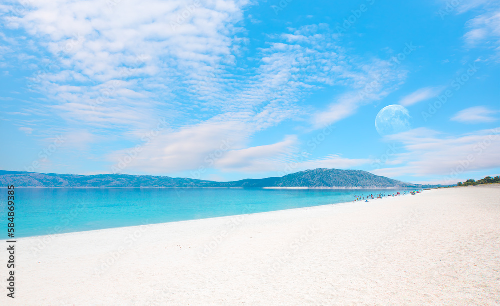Holidaymakers sunbathing at Salda white beach - Salda Lake, Burdur - Turkey