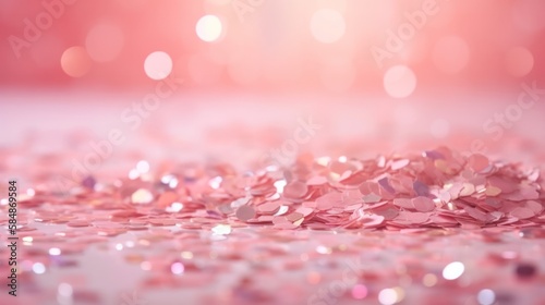 Shiny reflection of pink confetti. Pink confetti scattered on the floor, bokeh pastel pink background. Generative AI.